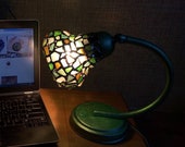 Mosaic table lamp, small sea stained glass Tiffany style, vintage OOAK beach glass desk lamp, unique art