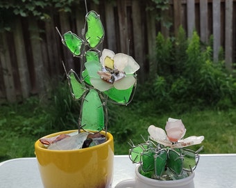 Sea glass cactus figurine + flowers, green blooming cactus, artificial succulent