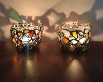 Votive candle holder, sea stained glass tealight holder, openwork rustic decor, recycled art