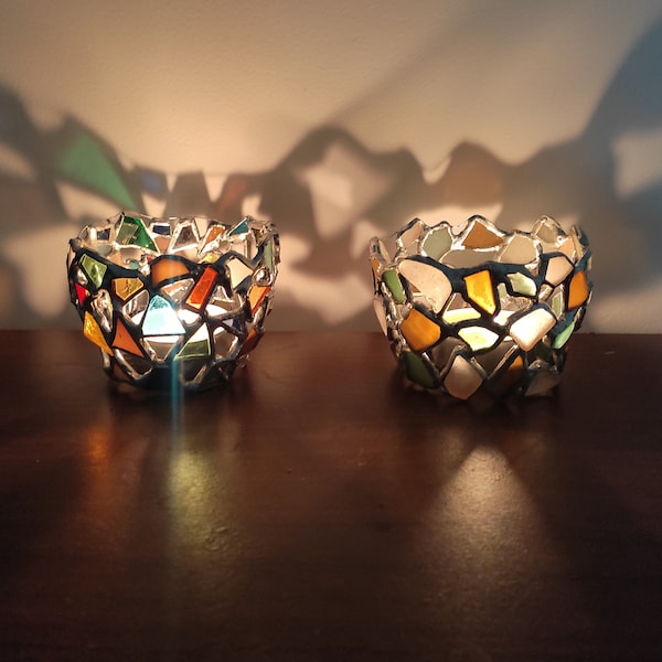 Votive candle holder, sea stained glass tealight holder, openwork rustic decor, recycled art