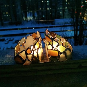 Sea glass candle holder, stained glass rustic home decor, gift for sea lover, upcycled reclaimed art