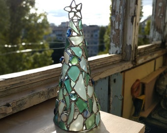 Blue turquoise sea stained glass Christmas tree + star, home decor figurine candle holder OOAK gift