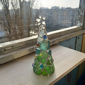 Gradient ombre sea stained glass Christmas tree + star, home decor figurine candle holder OOAK gift