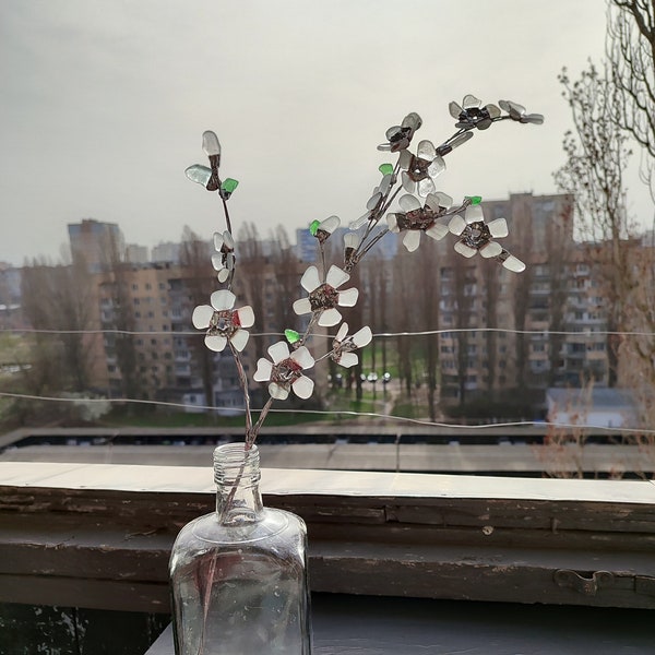 Sea glass white flowering twig, cherry blossom sprig art, artificial glass flowers