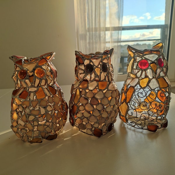 Owl figurine night light, sea stained glass cute art home decor, wireless DIY night lamp, candle holder