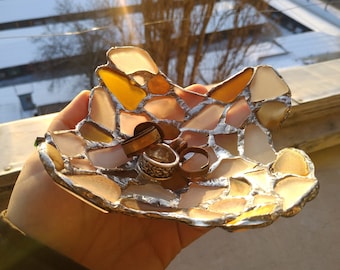 Trinket dish, irregular shaped jewelry/ring dish, sea stained glass art bowl, beach decor