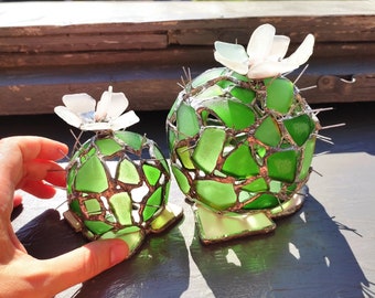 Cactus sea glass figurine night light, stained glass artificial round succulent + flower, upcycled art