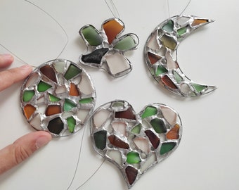 Christmas tree /home decor window hanging suncatchers, stained sea glass heart, flower, bauble, crescent