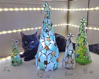 Sea glass Christmas tree with a star, different sizes stained glass figurine, night light, recycled art
