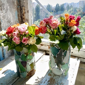 Sea stained glass vase, upcycled rough-looking home decor