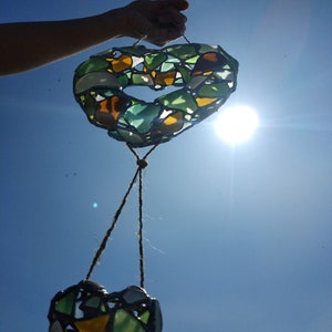 3D heart suncatcher, sea stained glass wreath interior or garden decorative pendant Big + 1 small heart