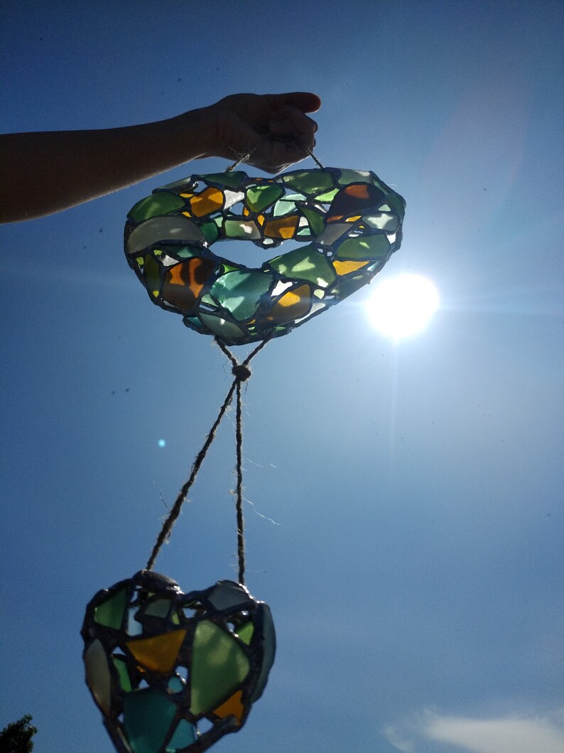 3D heart suncatcher, sea stained glass wreath interior or garden decorative pendant Big + 1 small heart