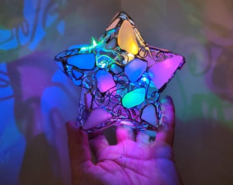 Star night light, Christmas tree topper ornament, sea stained glass art decor, wireless DIY night lamp