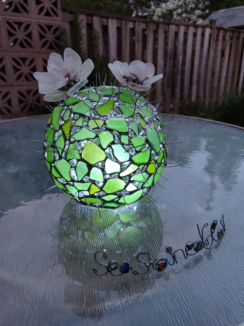 Großer Glas Kaktus + Blume, künstliche Sukkulente, Kaktuslampe Bild 9
