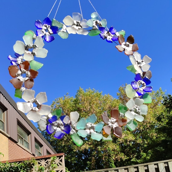 Stained sea glass floral door wreath, artificial flower suncatcher, interior outdoor beach decor