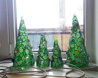 Green sea stained glass Christmas tree + star - home decor figurine candle holder gift