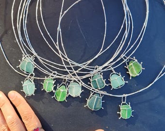 Sea glass bug jewelry, necklace and/or earrings, chunky statement beetle art pendant or brooch