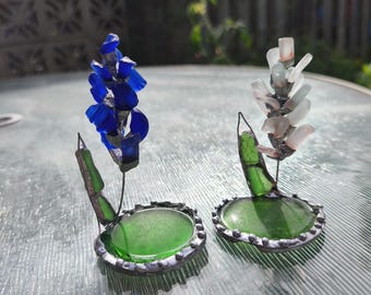 Sea glass miniature hyacinth flower, stained glass flower composition ring dish, botanical art decor