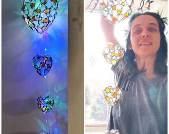 3D hearts sea stained glass suncatcher, interior or garden decorative pendant, ornament