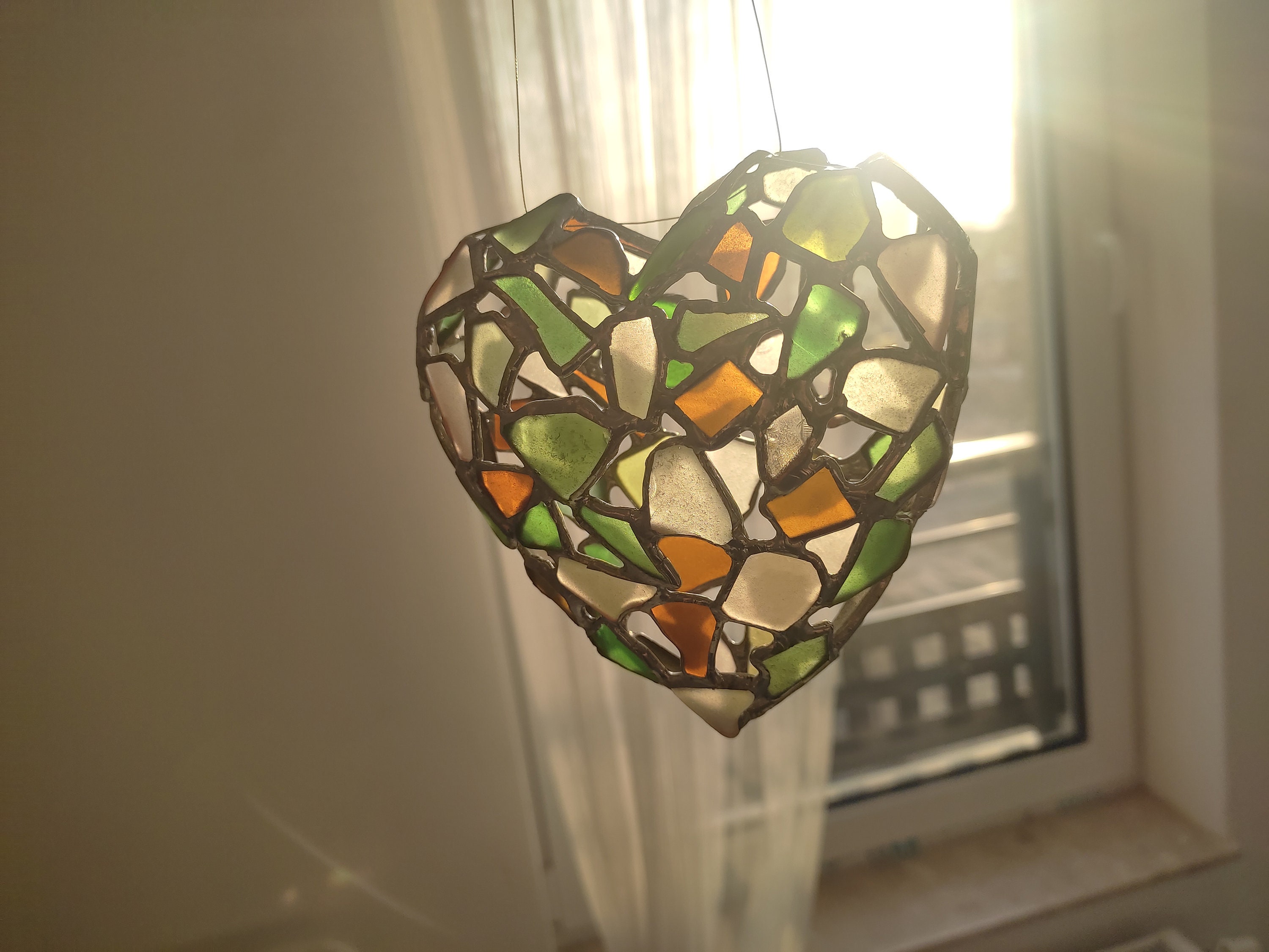 3D heart suncatcher, sea stained glass wreath interior or garden decorative  pendant – seastainedglass