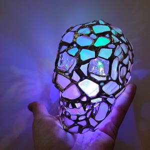 Sea stained glass skull light - human, 5 in, sea glass art, scary spooky home decor