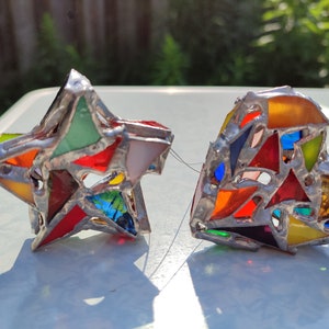Stained glass 3D star and heart suncatchers, Crhistmas ornaments, random colors upcycled art