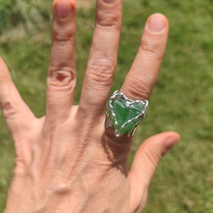 Sea glass green heart signet ring, adjustable, chunky statement art jewelry