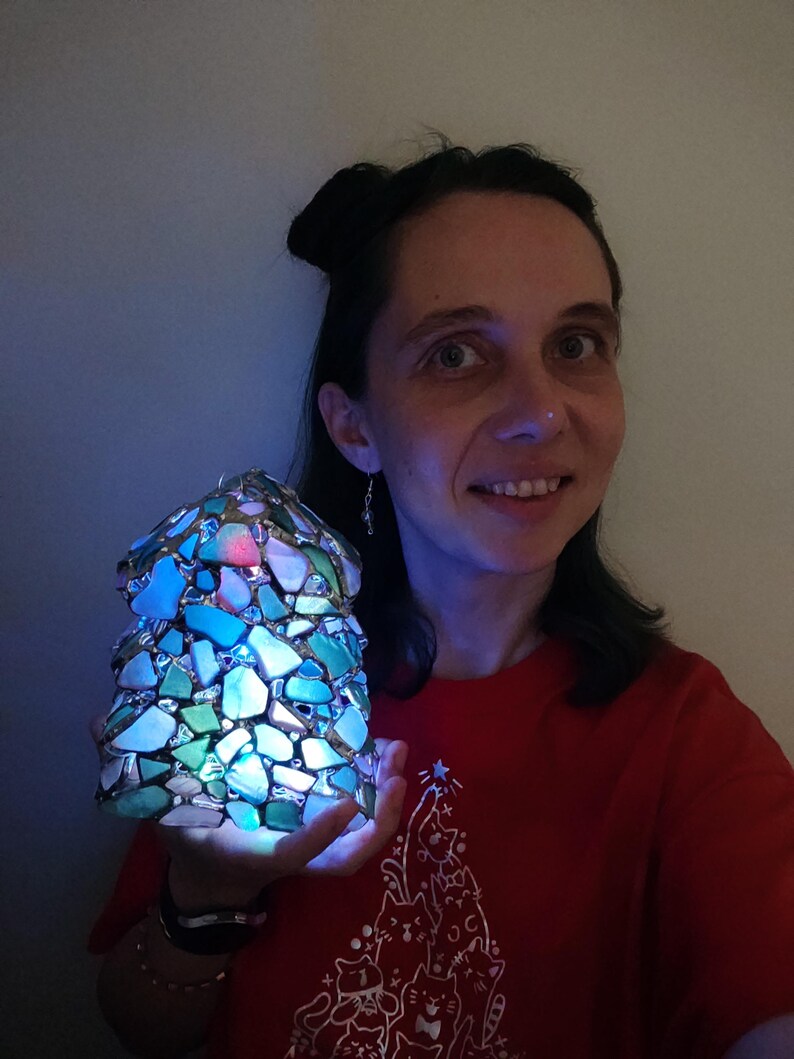 K&ouml;nnte beinhalten: Eine Person h&auml;lt einen blauen und gr&uuml;nen Weihnachtsbaum aus Glasmalerei mit einem Licht im Inneren. Der Baum besteht aus kleinen Glassplittern, die in einem Muster angeordnet sind. Die Person tr&auml;gt ein rotes T-Shirt mit einem Katzendesign.