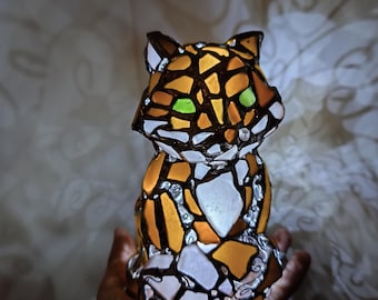 Sea glass meditating fox figurine night light, cute art home decor, wireless night lamp