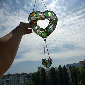 3D heart suncatcher, sea stained glass wreath interior or garden decorative pendant image 1