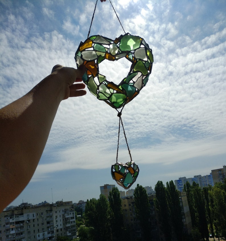 3D heart suncatcher, sea stained glass wreath interior or garden decorative pendant image 1