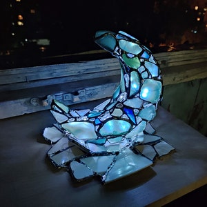 Blue moon on a cloud - sea stained glass crescent night light, suncatcher, table figurine