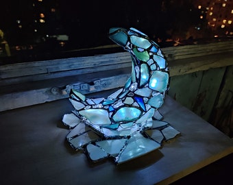 Blue moon on a cloud - sea stained glass crescent night light, suncatcher, table figurine