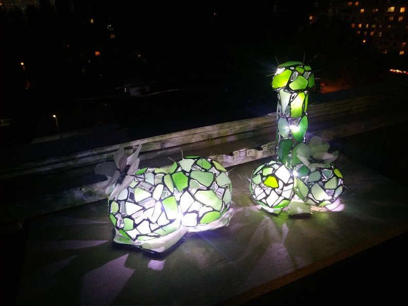 Mature erotic cactus night light, sea stained glass artificial succulent + flower, upcycled art image 9