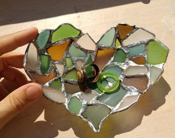 Heart ring dish, sea stained glass jewelry holder bowl ashtray - love gift, trinket key holder
