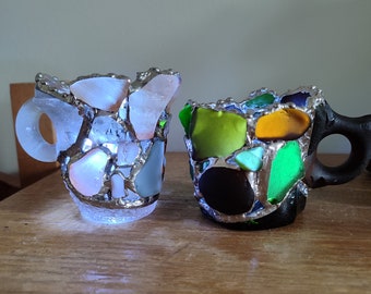 宝物♡Sea glass art Sea Glass Teacup Jewelry Holder, Cup Night Light, Unique