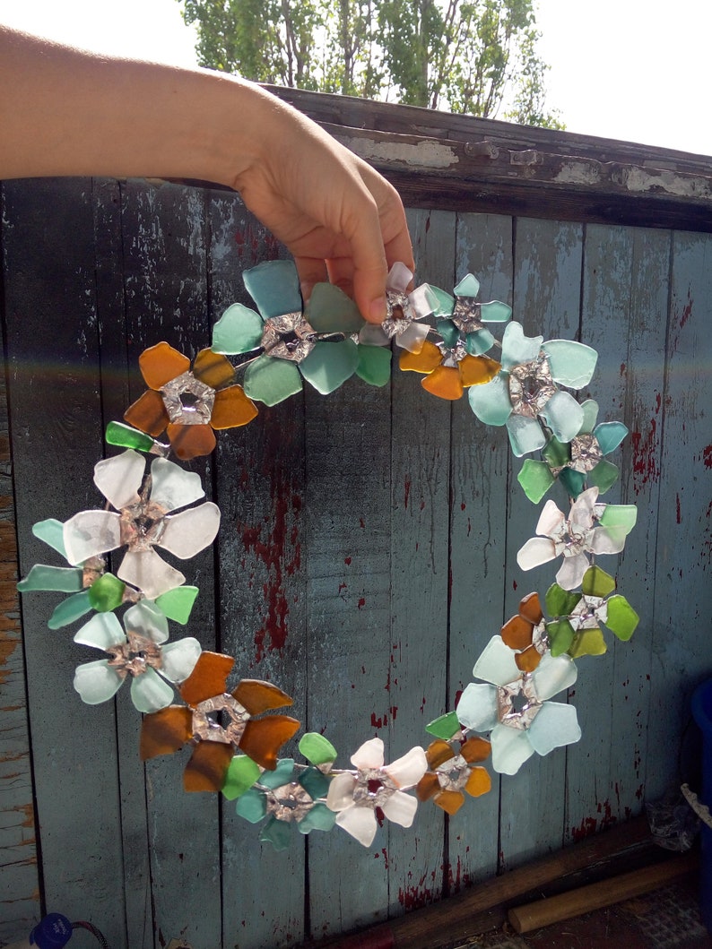 Stained sea glass floral door wreath artificial flower Etsy