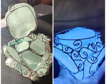 Massive sea glass jewelry box night light, aqua blue beach glass art, unique