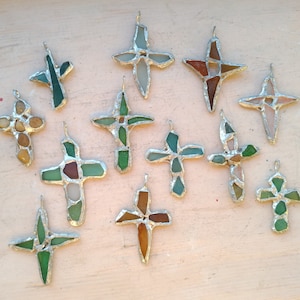 Sea glass cross necklace pendant, rough and heavy, made to order unique chunky statement art jewelry