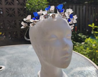 Sea glass tiara or necklace, flowery crown, wreath wedding headpiece, cobalt blue and white beach glass