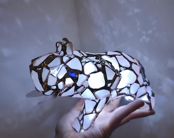 Sea glass elephant figurine night light, stained glass cute art home decor, wireless night lamp