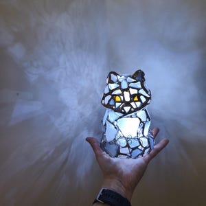 May include: A cat-shaped mosaic lamp emitting a warm light. The lamp is made from irregular pieces of white, blue, and brown glass, giving it a unique texture. Light shines through the glass, illuminating the room. The lamp is held in a hand.