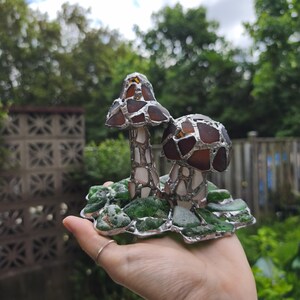 May include: A handcrafted glass mushroom sculpture with brown and clear mosaic caps, white stems, and a base of green glass pieces. The sculpture is held in a hand against a blurred background of greenery.