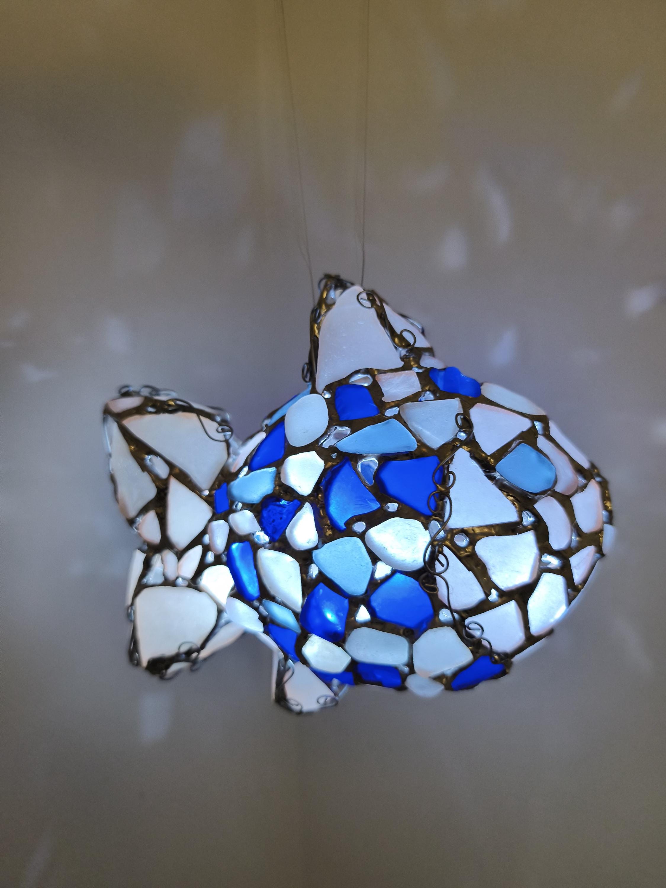 Sea glass blue fish figurine night light, sea stained glass cute art, wireless night lamp