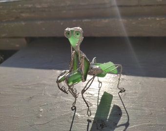 Sea glass praying mantis figurine, insect art, unique collectable