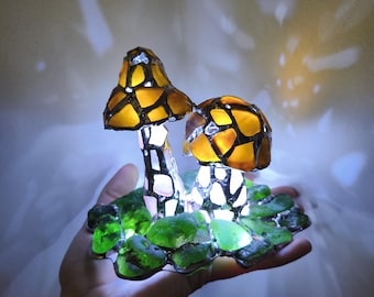 Mushrooms on moss night light ring dish, sea stained glass art home decor, original upcycled figurine, wireless night lamp