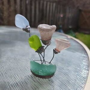 Sea glass miniature fantasy flowers, unique flower composition ring dish, only one art decor image 7