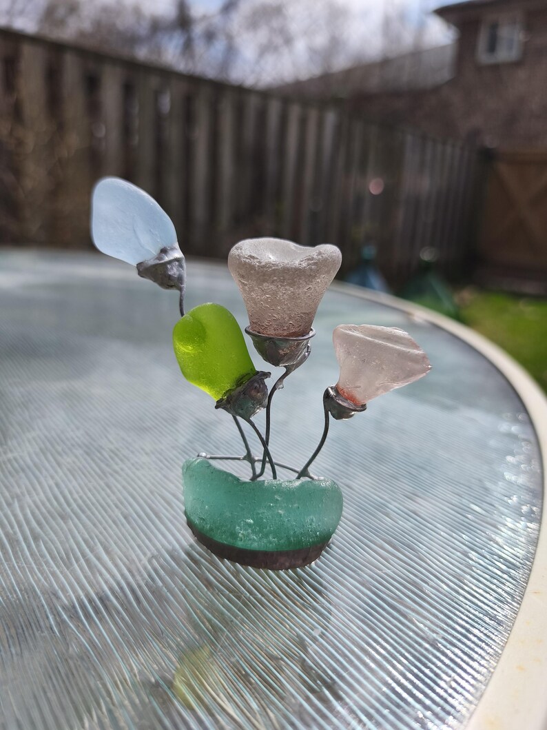 Sea glass miniature fantasy flowers, unique flower composition ring dish, only one art decor image 7