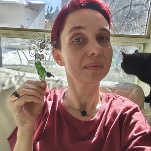 Puede incluir: Una escultura de vidrio artesanal de una figura caprichosa con un cuerpo verde y un marco de alambre plateado. La escultura se sostiene frente a una persona que lleva una camiseta roja. Un gato negro est&aacute; en el fondo.