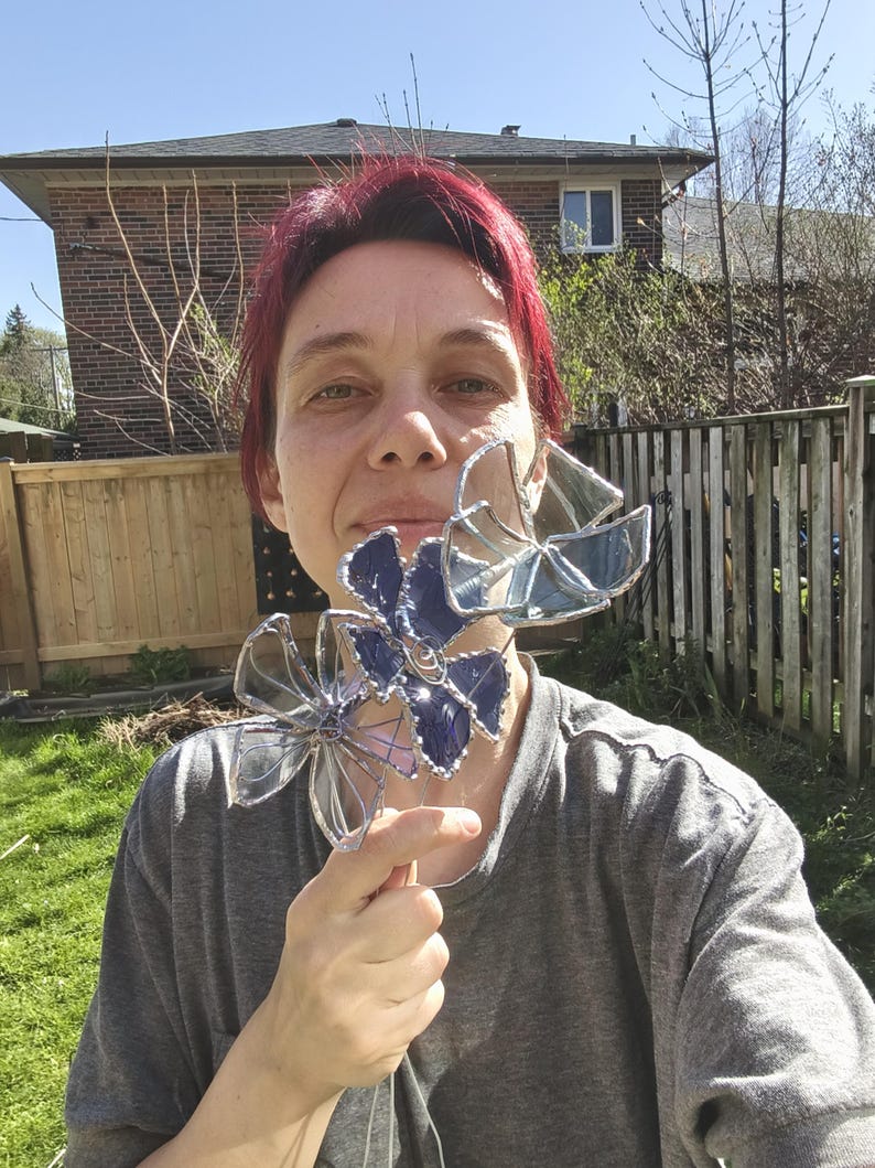 May include: A person holding two decorative glass flower sculptures. The flowers have a clear glass design with blue and purple accents. The sculptures are held in front of a green lawn and wooden fence.